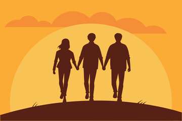 Fototapeta premium Three Silhouetted People Holding Hands Walking on Brown Hill