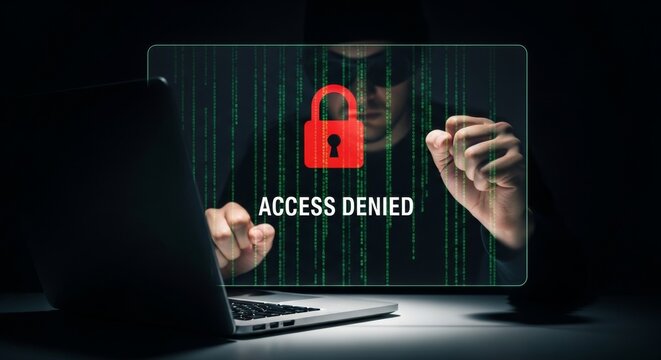 A hooded figure is denied access to a computer system with a red lock icon and access denied displayed on the screen