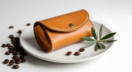 Elegant leather pouch with coffee beans and olive branch on a white plate