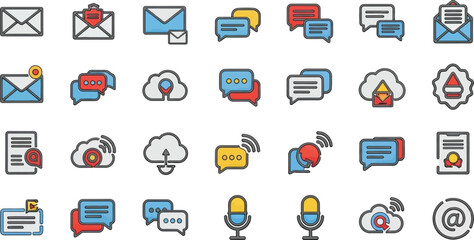 Collection of communication and messaging icons including envelopes chat bubbles clouds and microphones in a flat design style