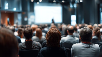 Large audience of diverse attendees focused on a presentation screen, concept for business conference, corporate training, and industry keynote address