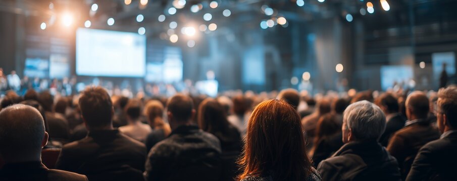 Large crowd of people attending a conference or seminar, seen from behind with stage lights. Concept for business presentations, corporate events, and leadership summits for senior executive officers