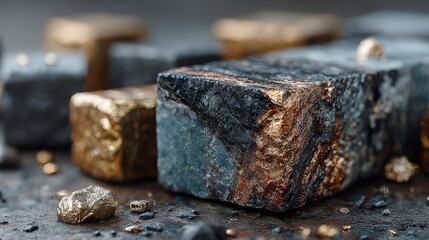 Closeup of Pyrite Cubes and Gold Nuggets on a Dark Textured Surface