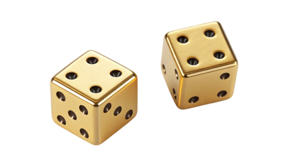 Golden Metallic Flying Dice Cutout Isolated on Transparent Background for Casino and Gambling Design

