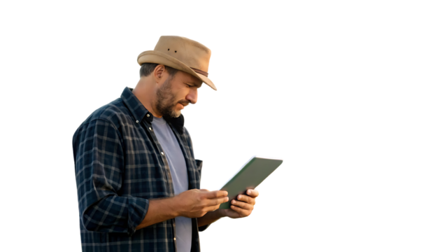 Modern Farmer Using Tablet Technology in Isolated Studio Setting for Smart Agriculture and Digital Farming Illustration

