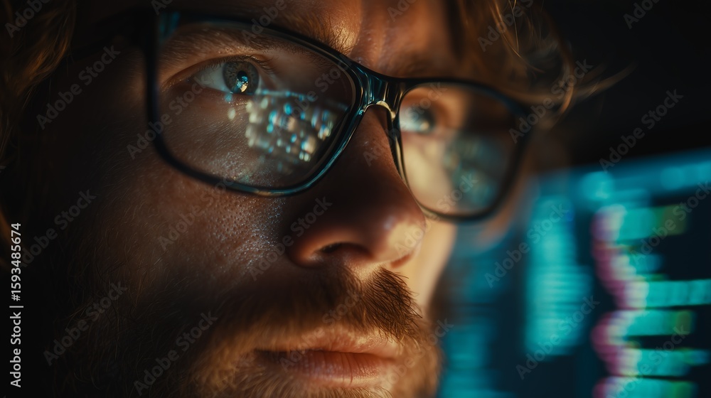 Poster close-up portrait of a focused man with glasses reflecting code on a screen, concept for software en