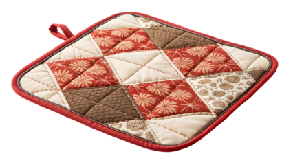 Quilted potholder image, geometric pattern, red, brown, white, isolated cutout
