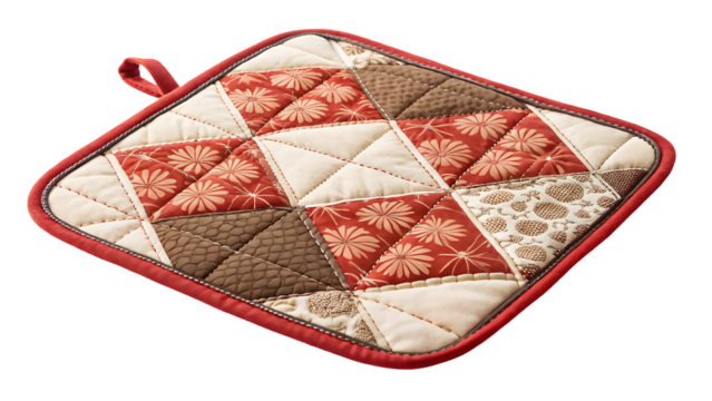 Quilted potholder image, geometric pattern, red, brown, white, isolated cutout