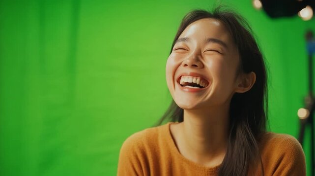Joyful Expression: A candid shot of a young female with an exuberant expression, her eyes crinkling with unrestrained laughter, set against a verdant backdrop.