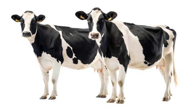 Holstein Friesian Cows in Alert Pose, Black and White Pattern on White