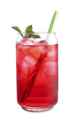 Tasty cherry soda water with ice cubes and mint isolated on white