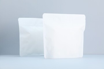 Two zipper stand-up pouches on light grey background. Mockup for design