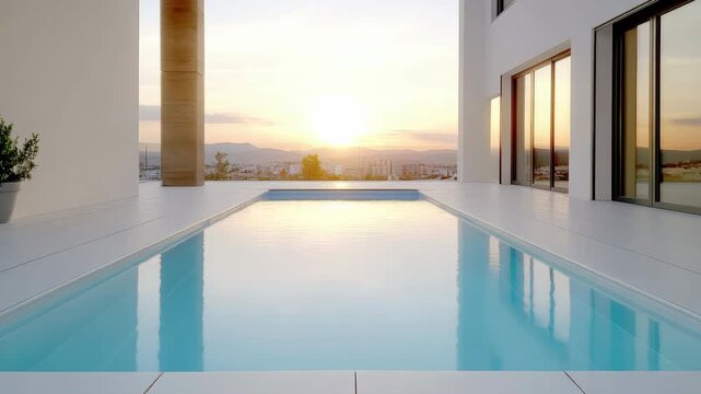 Luxury home with modern pool, serene sunset view, and contemporary architectural design