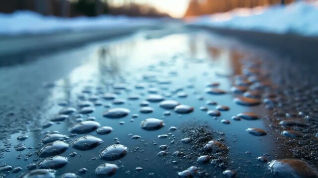 Time-lapse of melting ice on asphalt with micro texture reflections