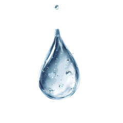 A single water droplet falls against a black background showing air bubbles inside