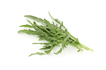 Fresh ripe green arugula leaves isolated on white, top view