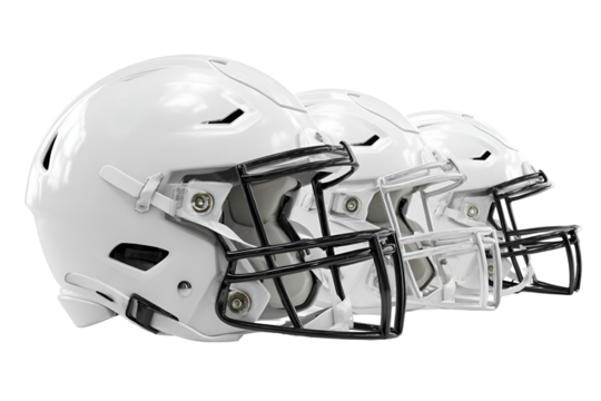 Three White Football Helmets Ready for Game Day,