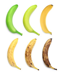 Banana fruits of different ripening stages on white background, collage. Top view
