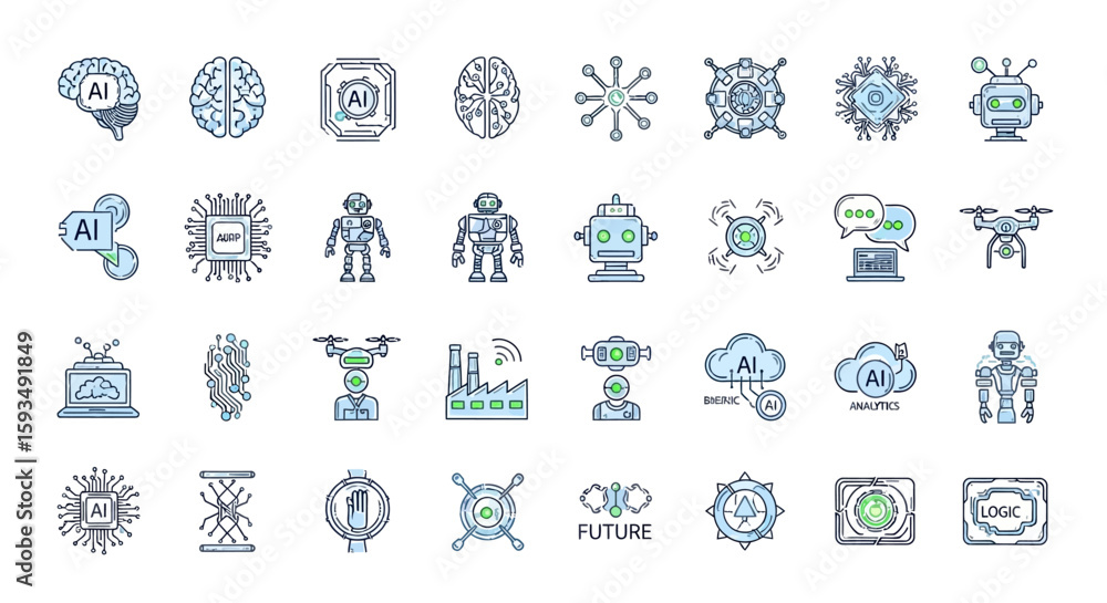 Poster various ai and technology icons arranged on a white background sheet