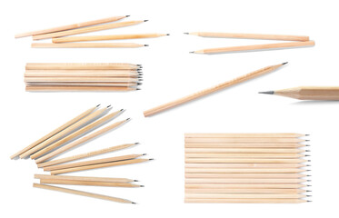 Many wooden graphite pencils on white background, collage