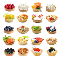 Tartlets with different fillings isolated on white, set