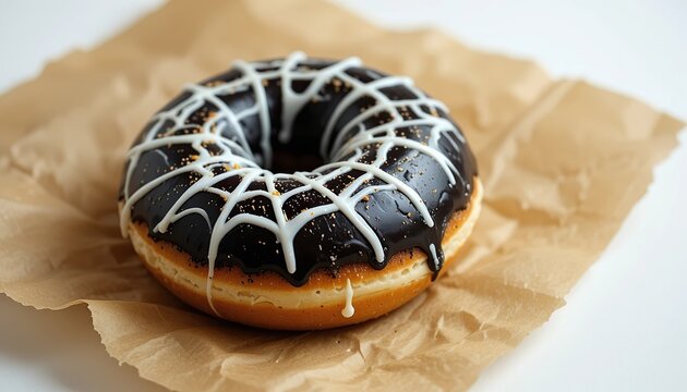 Halloween donut with black glaze and white spiderweb icing on parchment paper.