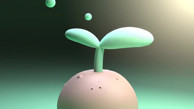 Stylized, 3D-rendered plant sprouting from a rounded surface, with hovering spheres, against a muted, gradient backdrop