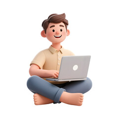 3d Smiling young man working on a laptop isolated on transparent background