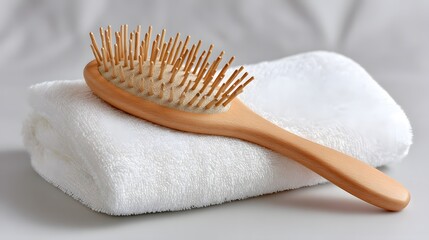 Wooden hairbrush with natural bristles resting on a folded white terry cloth towel in a clean setting