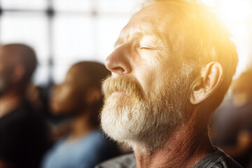 Senior man meditating with closed eyes in sunlight during mindfulness session