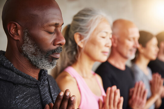 Diverse group of mature people meditating with closed eyes in yoga class