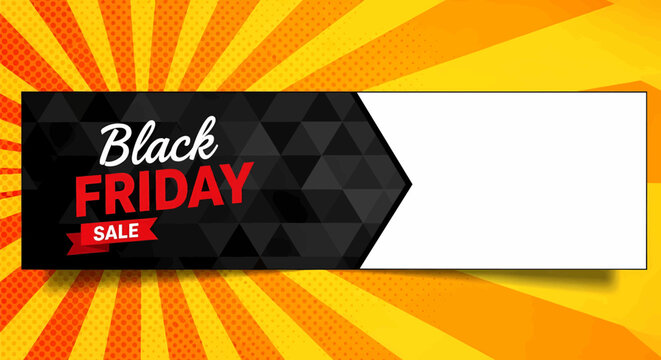 Bold Black Friday Event Banner with Geometric Designs and Bright Sunburst Background