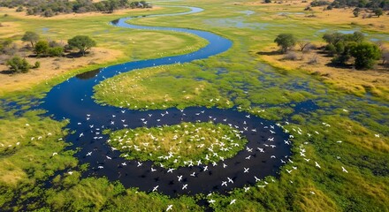 Majestic Aerial: Winding River White Birds in Flight Over Vibrant Green Wetlands.