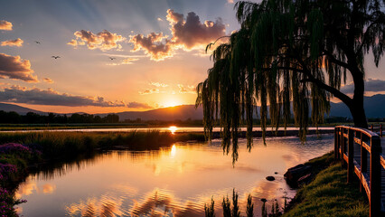 Sunset over the bay of the lake.