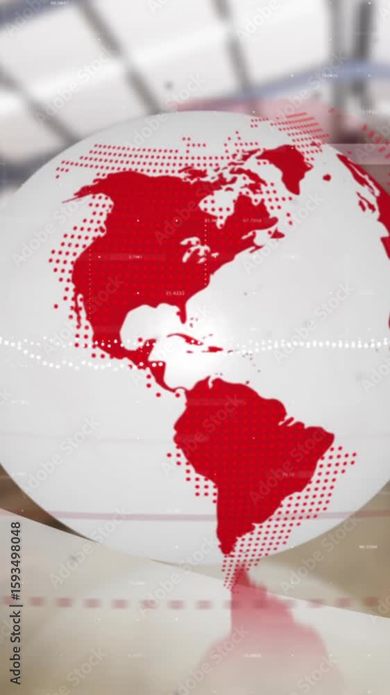 Poster animation of financial data processing over globe and warehouse