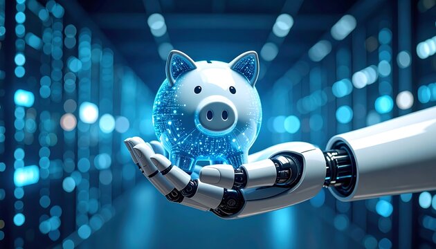 Robot hand holding a digital piggy bank