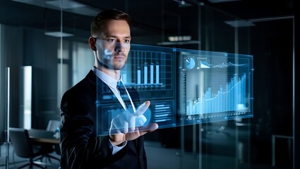 Businessman Interacting with Futuristic Digital Hologram Interface in Office Environment