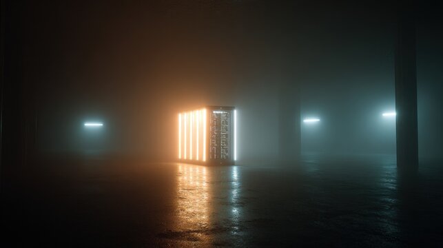 Neon box in foggy room