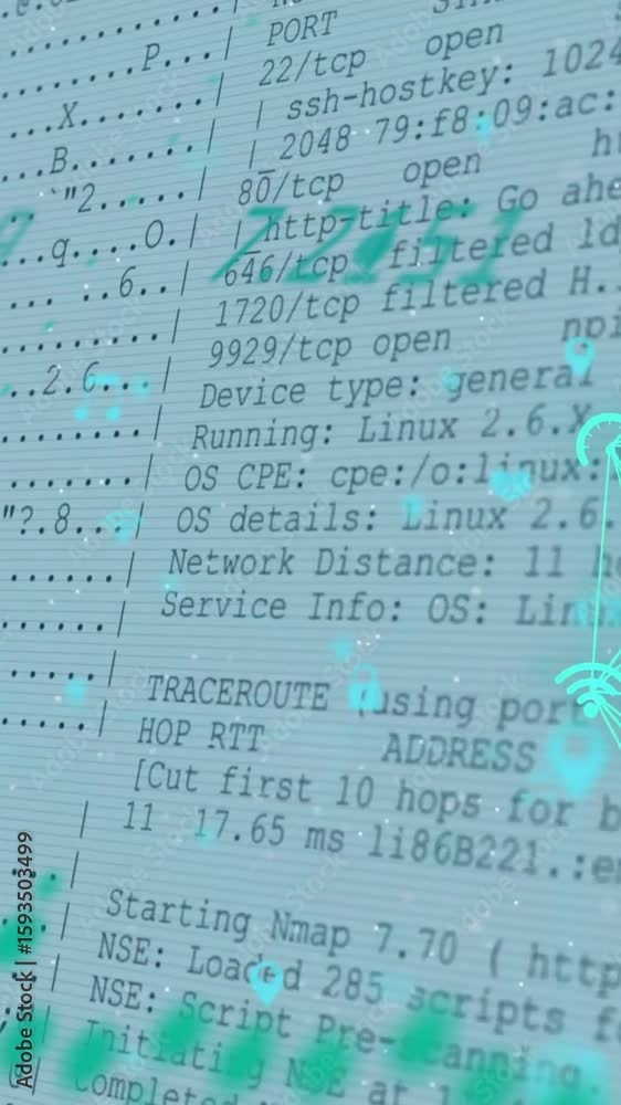 Poster animation of network of connections with icons over data processing on white background
