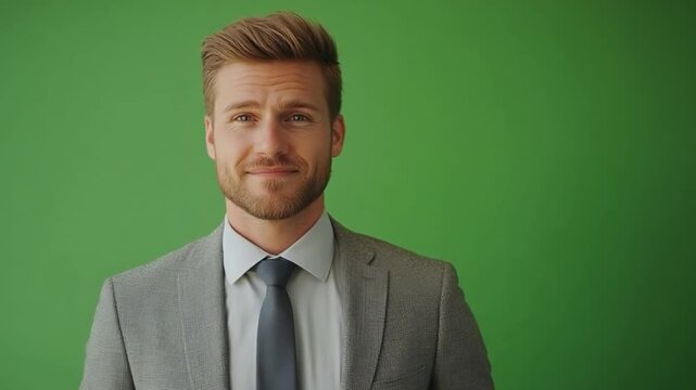 Confident Business Professional: A well-groomed male business professional, poised and ready, exudes confidence with a composed smile, all set against a vibrant green backdrop.