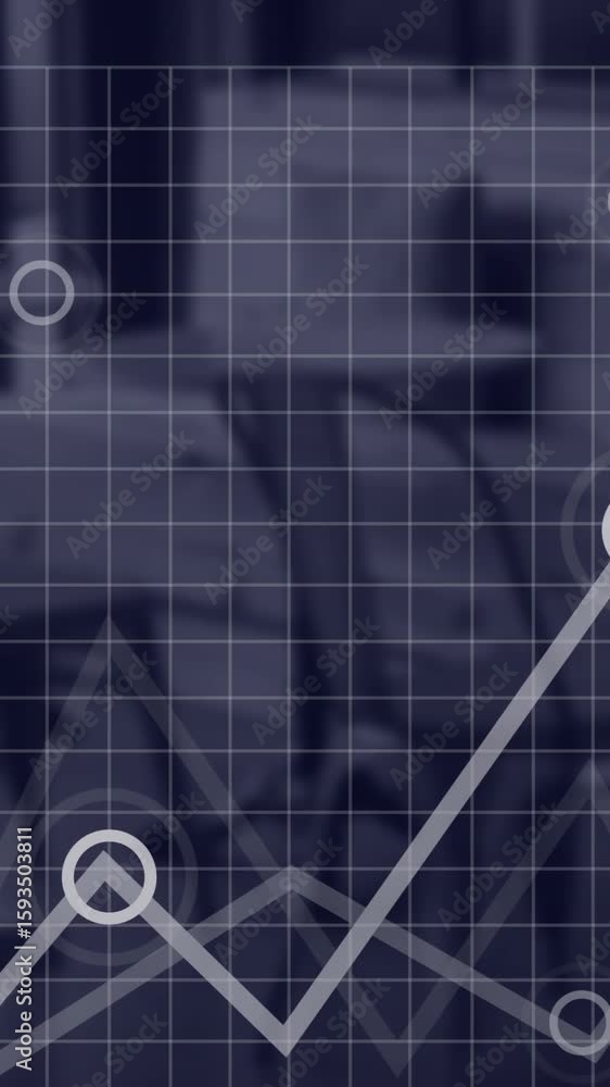 Poster animation of statistics and financial data processing over cafe