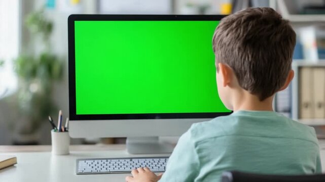 Focused Learning: A young child gazes intently at a computer screen, absorbed in a moment of focused learning and exploration. The green screen becomes a canvas for limitless imagination.