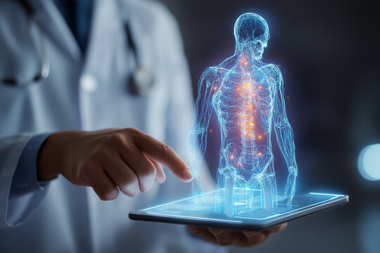A doctor analyzes a holographic projection of the human anatomy from a digital tablet. This futuristic image symbolizes medical innovation, advanced diagnostics, and healthcare technology.