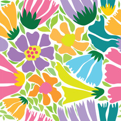 Seamless pastel pattern with colorful leaves and flowers. Soft, delicate design ideal for spring themes, textiles, wallpapers, stationery, wrapping paper, and feminine or romantic decor projects.