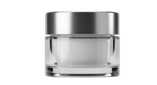 A clear glass jar with a silver lid, containing a white cream or lotion, isolated on a white background.