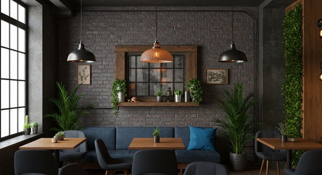 Cozy Industrial Style Cafe Interior with Greenery and Warm Lighting
