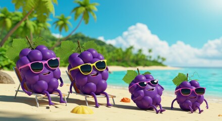 Grapes enjoying tropical vacation, beach relaxation scene with sunglasses and deck chairs, a