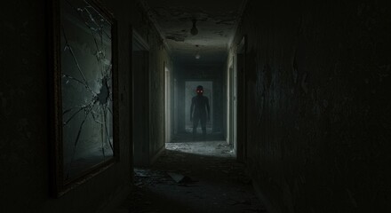 Obraz premium Eerie hallway with a sinister figure lurking at the end, creating a chilling atmosphere and