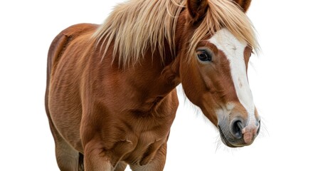 Majestic chestnut horse with blond mane, portrait on pristine white backdrop showcase