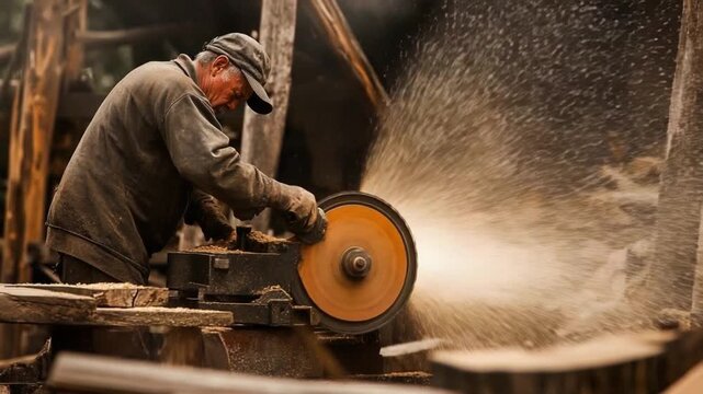 Artisan Craftsmanship: A seasoned artisan, immersed in the artistry of wood, skillfully operates a grinding wheel amidst a cloud of sawdust. The image showcases dedication and expertise.